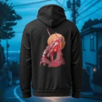 Back view of black Manifesto hoodie displaying a man falling back as he's impaled by a spear rear graphic placement and hood detail.