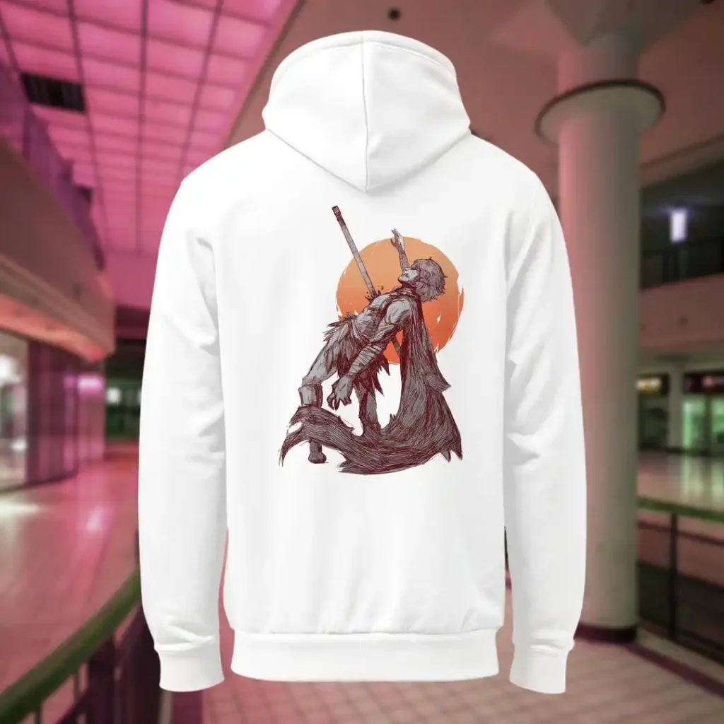Back view of white Manifesto hoodie displaying a man falling back as he's impaled by a spear rear graphic placement and hood detail