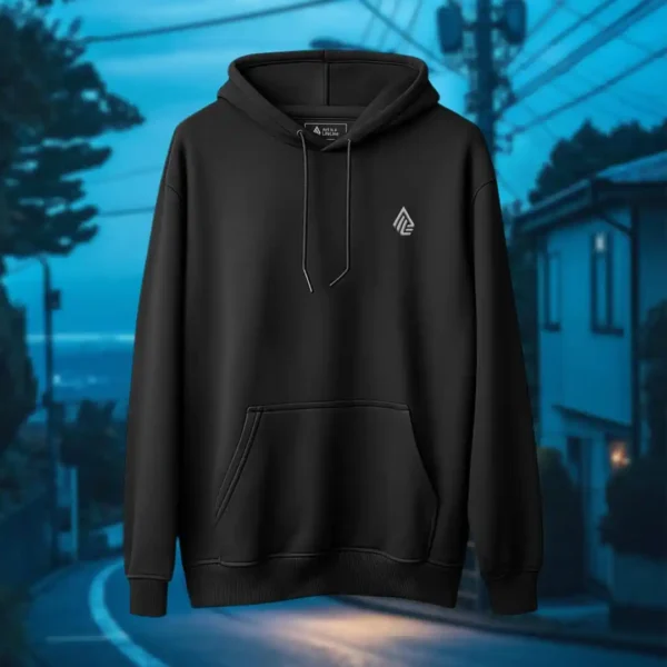 Front view of black pullover hoodie featuring a man falling back as he's impaled by a spear