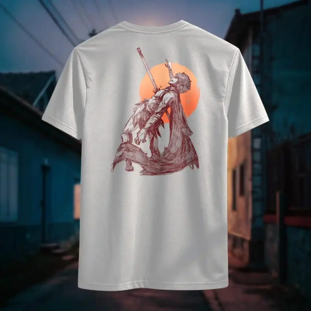 Back view of black Manifesto tshirt displaying a man falling back as he's impaled by a spear rear graphic placement