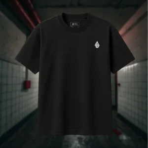 Front view of black tshirt featuring a man falling back as he's impaled by a spear