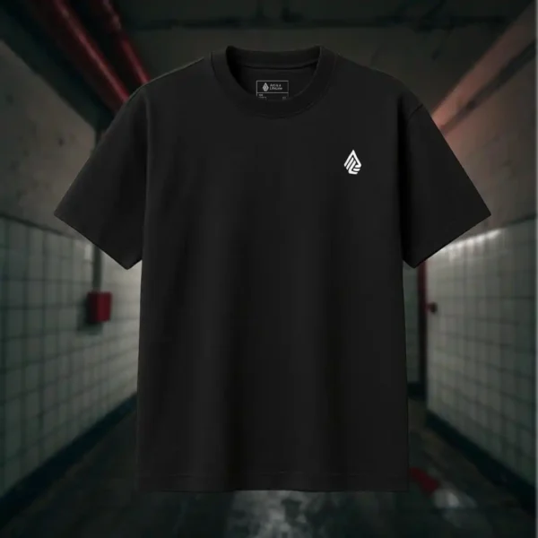 Front view of black tshirt featuring a man falling back as he's impaled by a spear