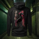 Back view of black Dark Fantasy hoodie displaying a warrior with eyes in his wings, a sword piercing through his head rear graphic placement and hood detail