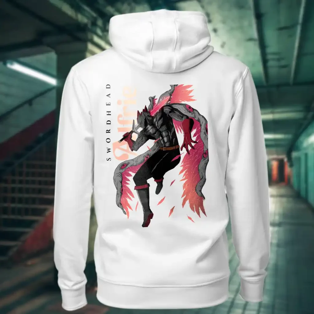Back view of white Dark Fantasy hoodie displaying a warrior with eyes in his wings, a sword piercing through his head rear graphic placement and hood detail