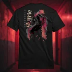 Back view of black Dark Fantasy shirt displaying a warrior with eyes in his wings, a sword piercing through his head rear graphic placement.