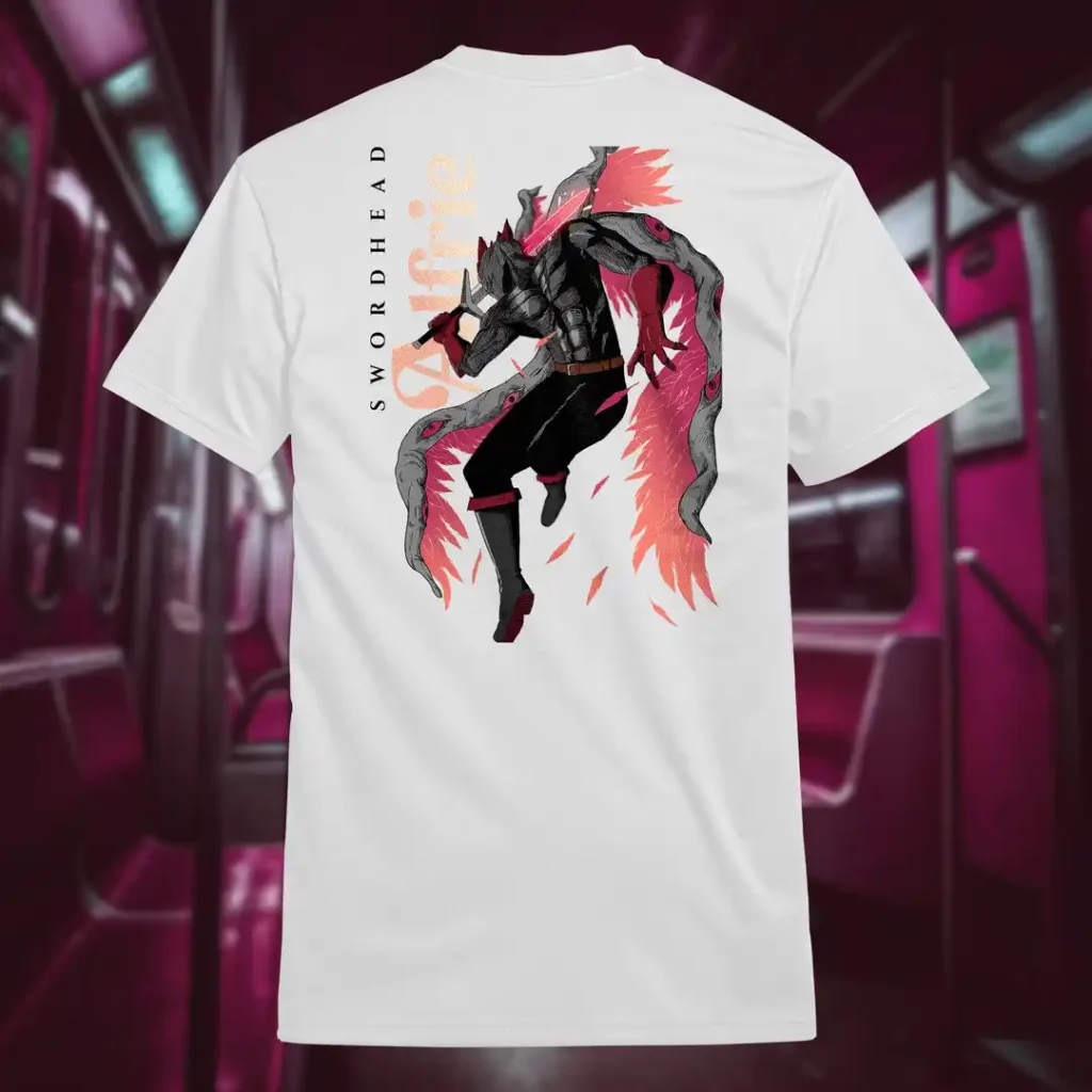 Back view of white Dark Fantasy shirt displaying a warrior with eyes in his wings, a sword piercing through his head rear graphic placement.