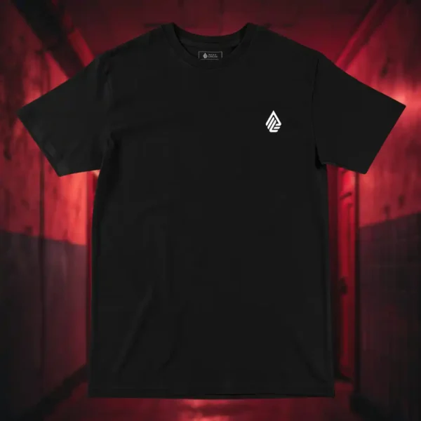 Front view of black t-shirt featuring a warrior with eyes in his wings, a sword piercing through his head.