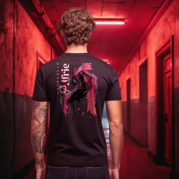 A male model with his back turned wearing a black Dark Fantasy t-shirt featuring a warrior with eyes in his wings, a sword piercing through his head.