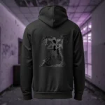 Back view of black Manifesto hoodie displaying a gray winged creature of dark, visibly hanged by ropes, opening its stomach with its unseen face rear graphic placement and hood detail
