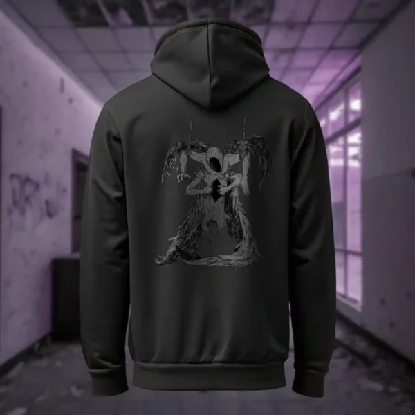 Back view of black Manifesto hoodie displaying a gray winged creature of dark, visibly hanged by ropes, opening its stomach with its unseen face rear graphic placement and hood detail