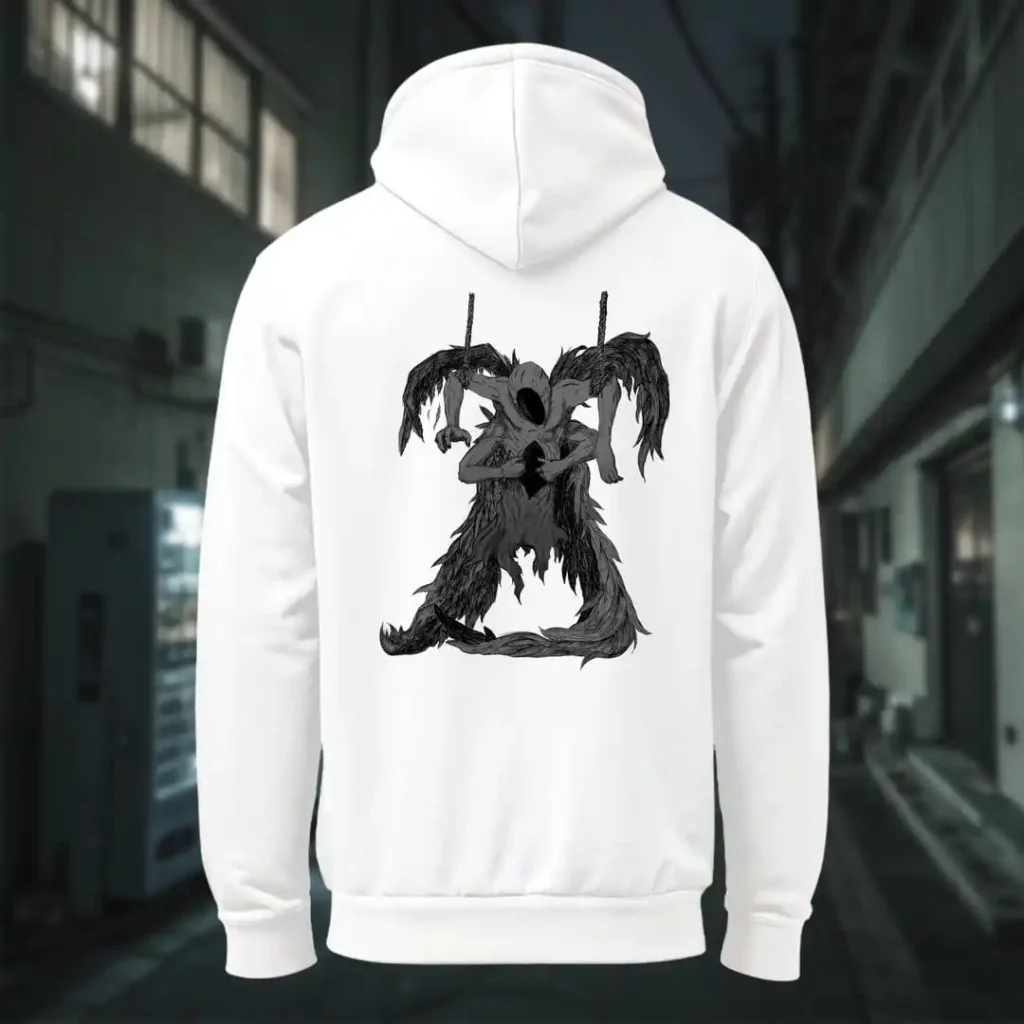 Back view of white Manifesto hoodie displaying a gray winged creature of dark, visibly hanged by ropes, opening its stomach with its unseen face rear graphic placement and hood detail