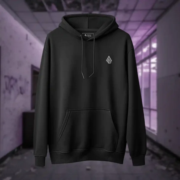 Front view of black pullover hoodie featuring a gray winged creature of dark, visibly hanged by ropes, opening its stomach with its unseen face