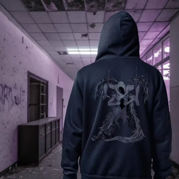 A male model with his back turned wearing a black Manifesto hoodie featuring a gray winged creature of dark, visibly hanged by ropes, opening its stomach with its unseen face