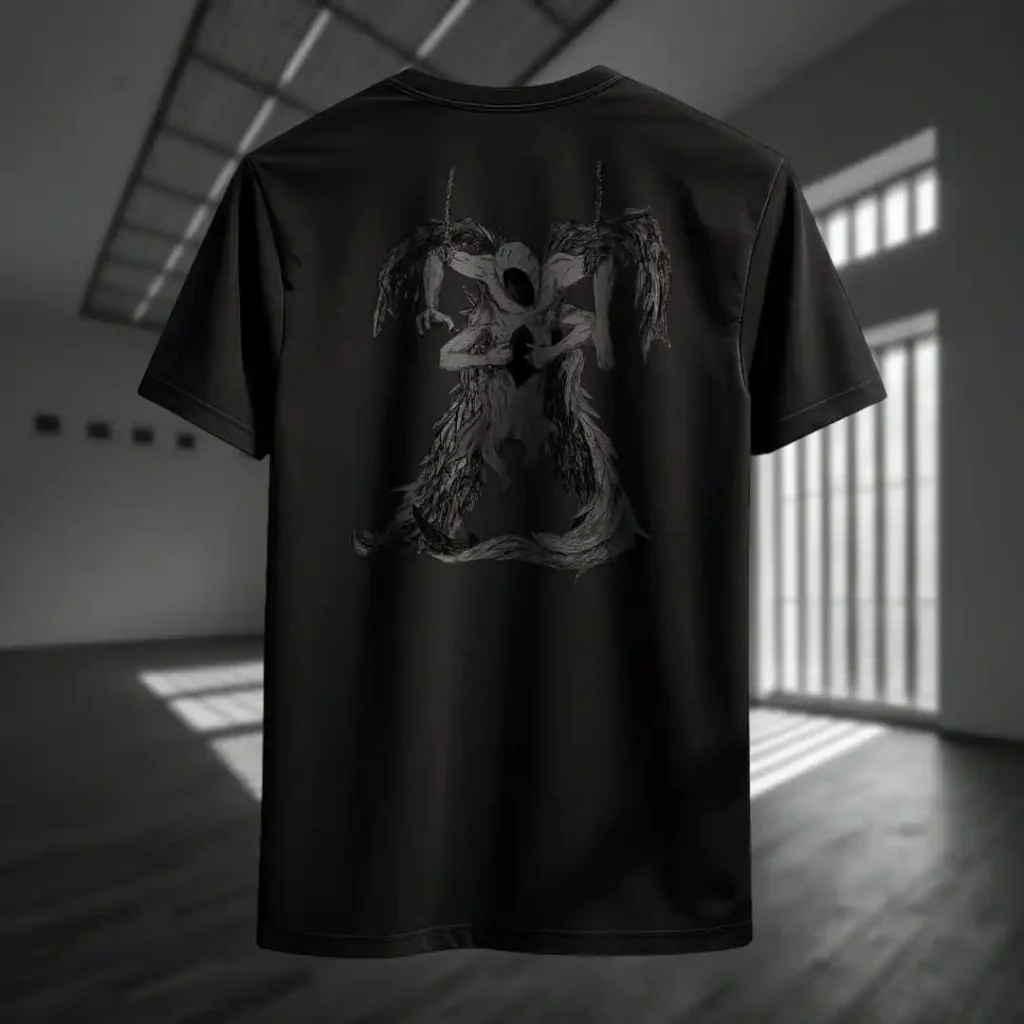 Back view of black Manifesto tshirt displaying a gray winged creature of dark, visibly hanged by ropes, opening its stomach with its unseen face rear graphic placement