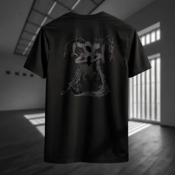 Back view of black Manifesto tshirt displaying a gray winged creature of dark, visibly hanged by ropes, opening its stomach with its unseen face rear graphic placement