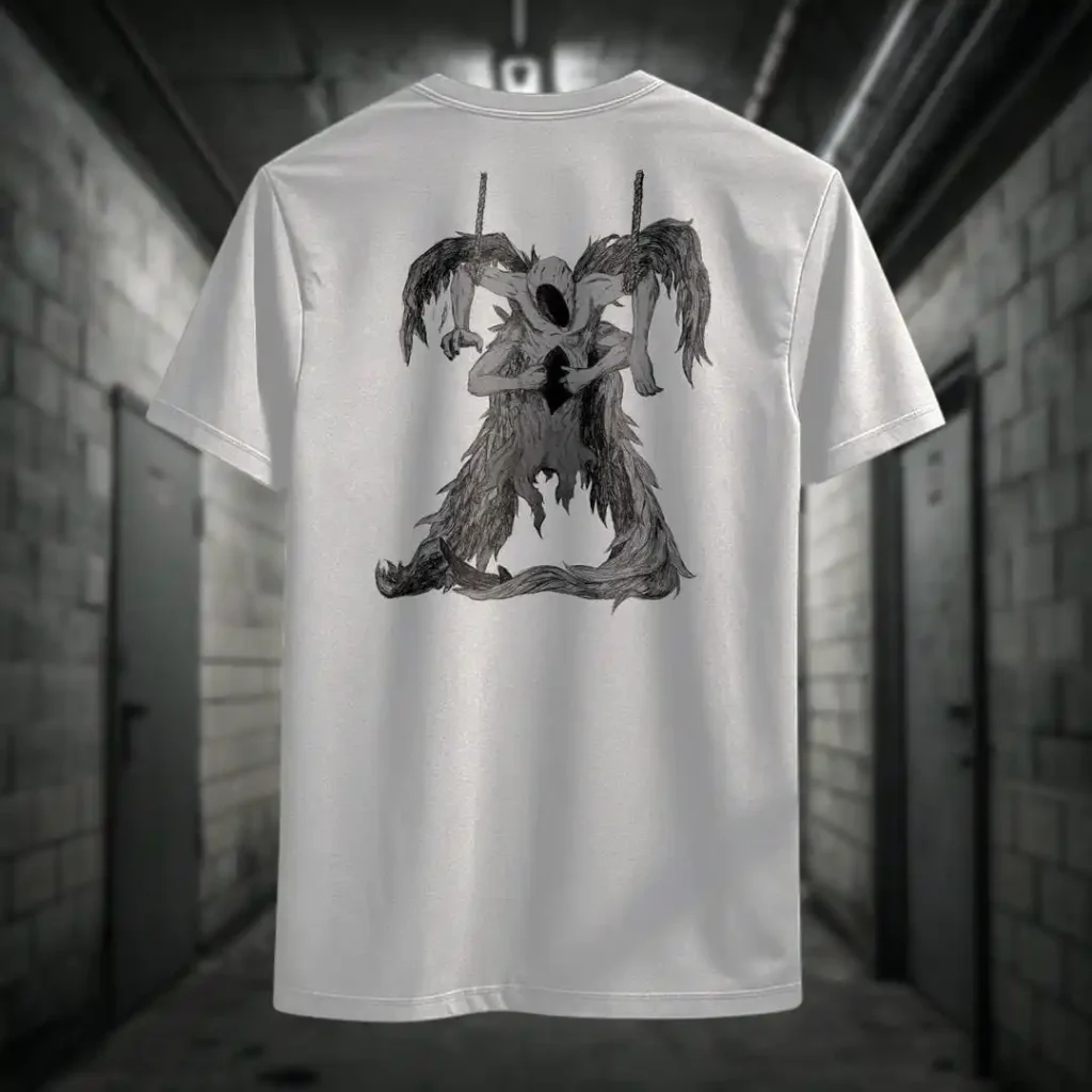 Back view of white Manifesto tshirt displaying a gray winged creature of dark, visibly hanged by ropes, opening its stomach with its unseen face rear graphic placement