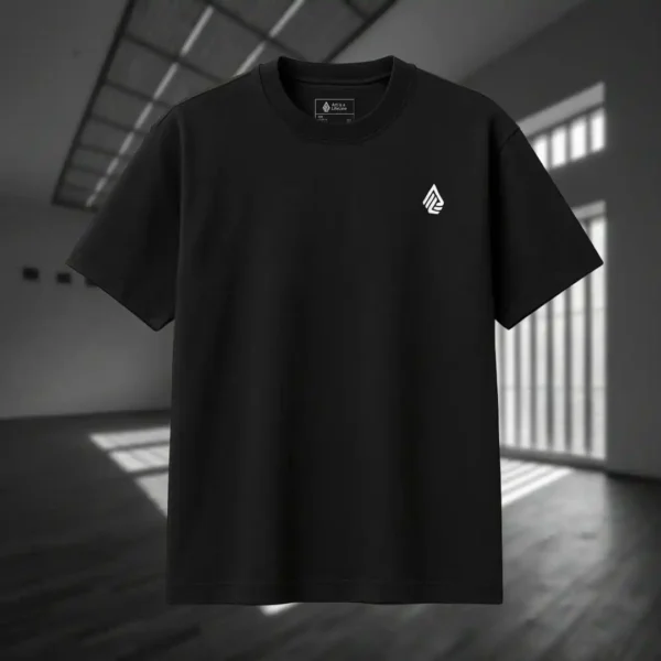 Front view of black tshirt featuring a gray winged creature of dark, visibly hanged by ropes, opening its stomach with its unseen face