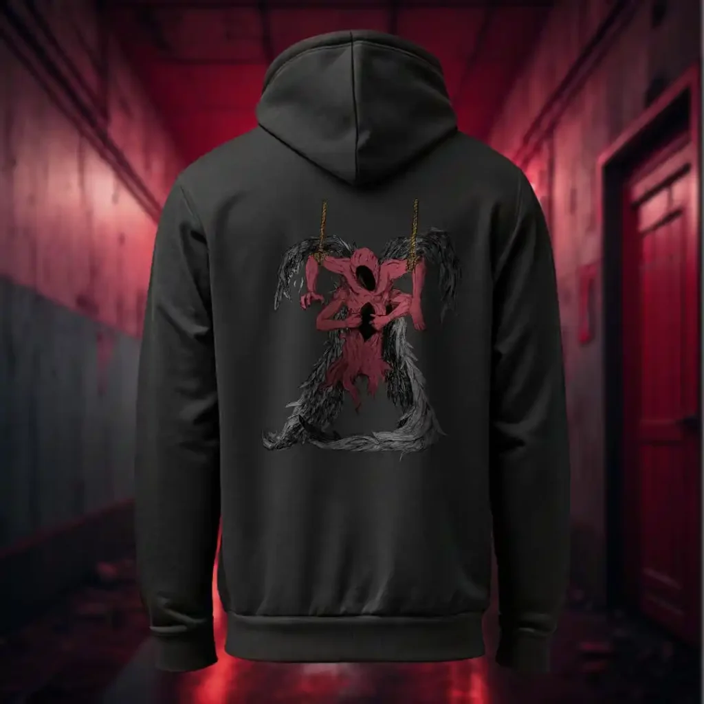 Back view of black Manifesto hoodie displaying a red winged creature of dark, visibly hanged by ropes, opening its stomach with its unseen face rear graphic placement and hood detail