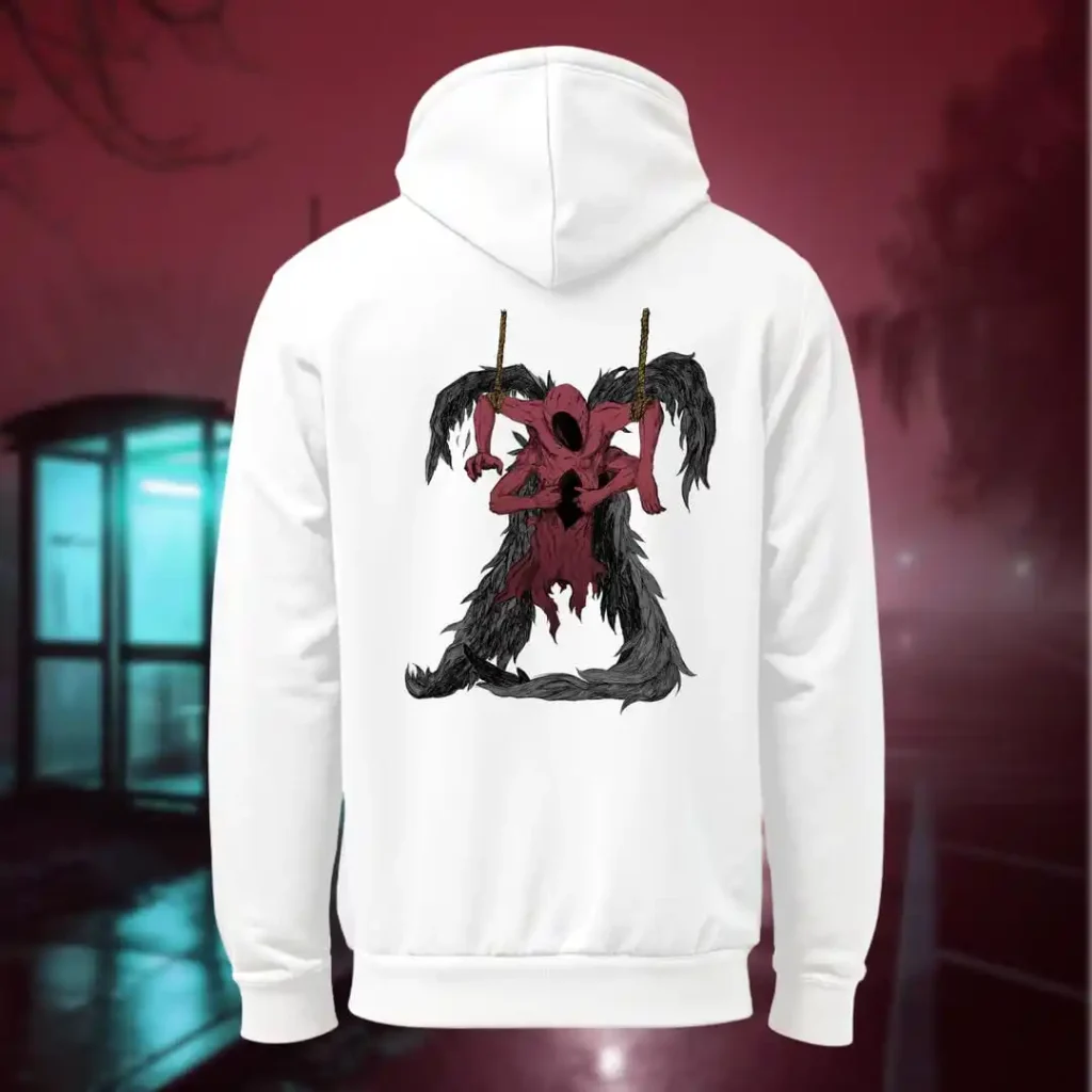 Back view of white Manifesto hoodie displaying a red winged creature of dark, visibly hanged by ropes, opening its stomach with its unseen face rear graphic placement and hood detail