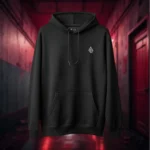 Front view of black pullover hoodie featuring a red winged creature of dark, visibly hanged by ropes, opening its stomach with its unseen face