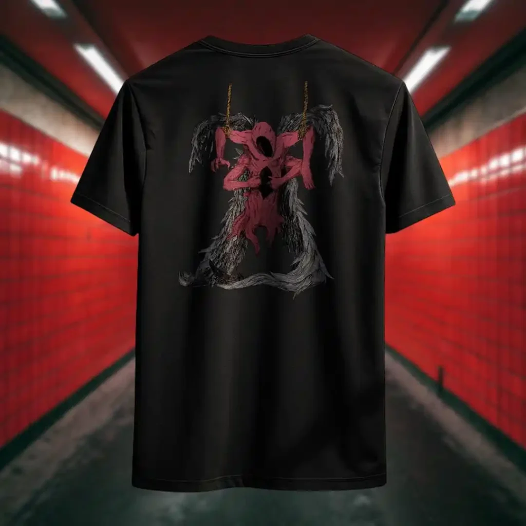 Back view of black Manifesto tshirt displaying a red winged creature of dark, visibly hanged by ropes, opening its stomach with its unseen face rear graphic placement
