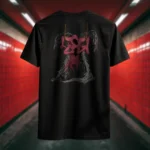 Back view of black Manifesto tshirt displaying a red winged creature of dark, visibly hanged by ropes, opening its stomach with its unseen face rear graphic placement