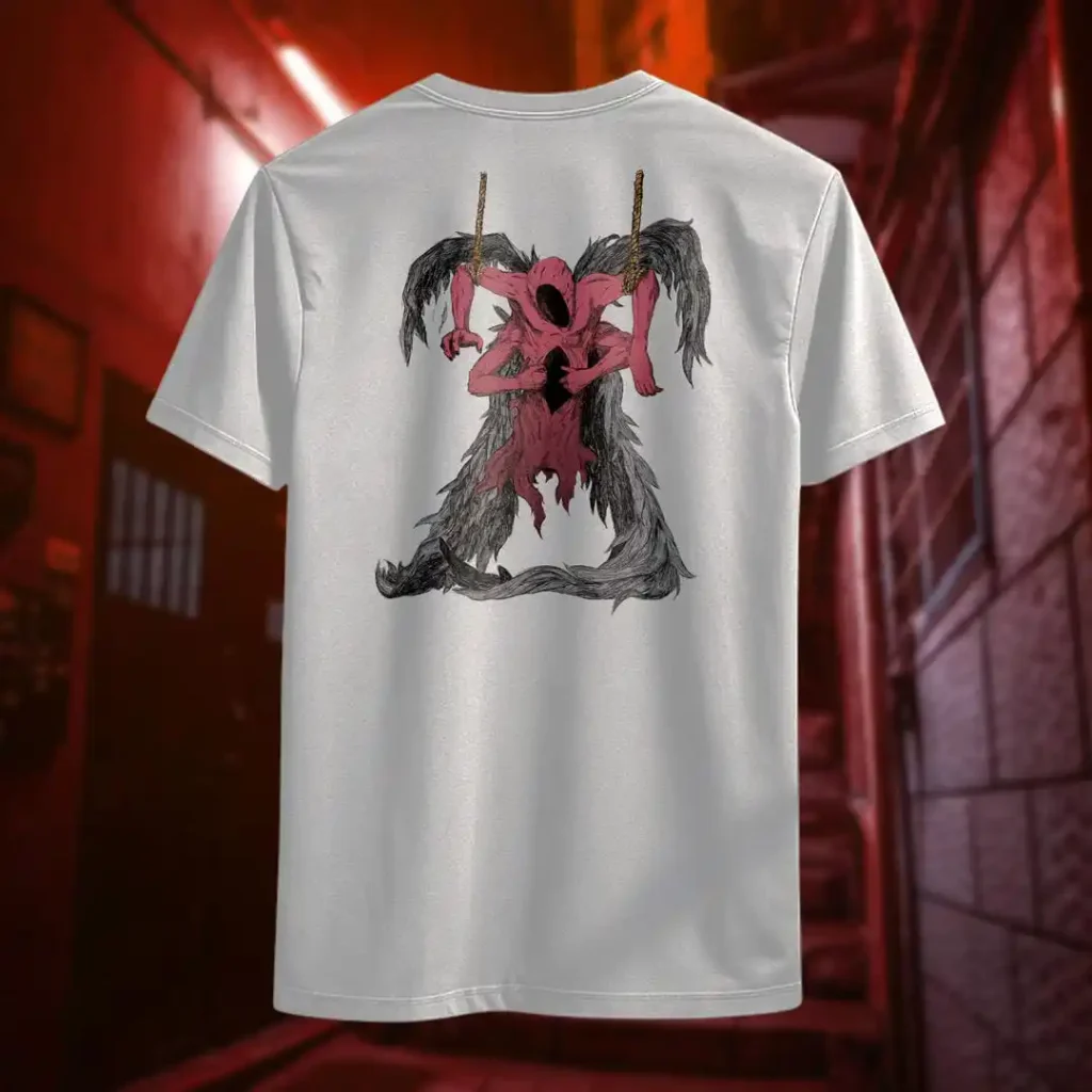 Back view of white Manifesto tshirt displaying a red winged creature of dark, visibly hanged by ropes, opening its stomach with its unseen face rear graphic placement